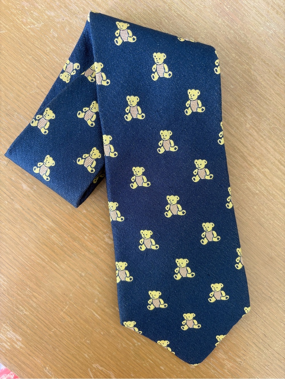 Paul Fredrick Navy 100% silk Tie with Yellow Teddy Bear Motif